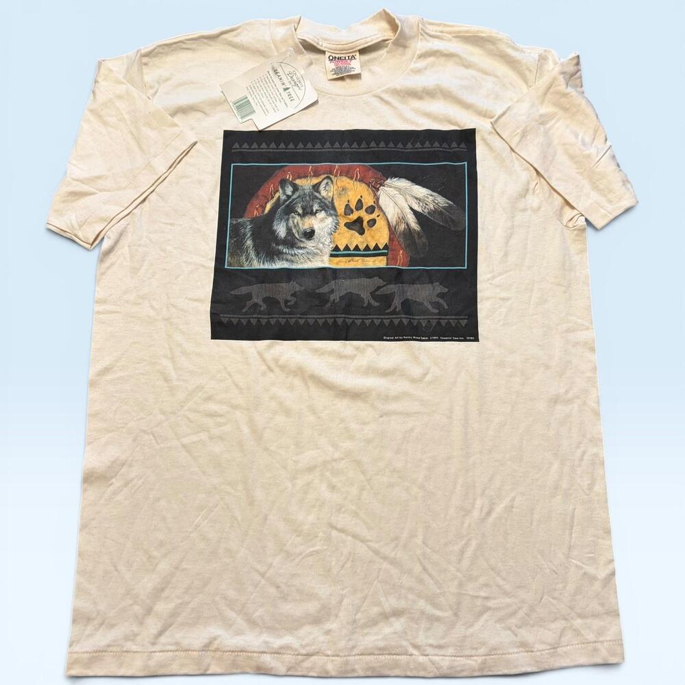 Vintage Oneita Shirt Mens Large Beige Wolf Leanin Tree Tee T-Shirt USA 1991